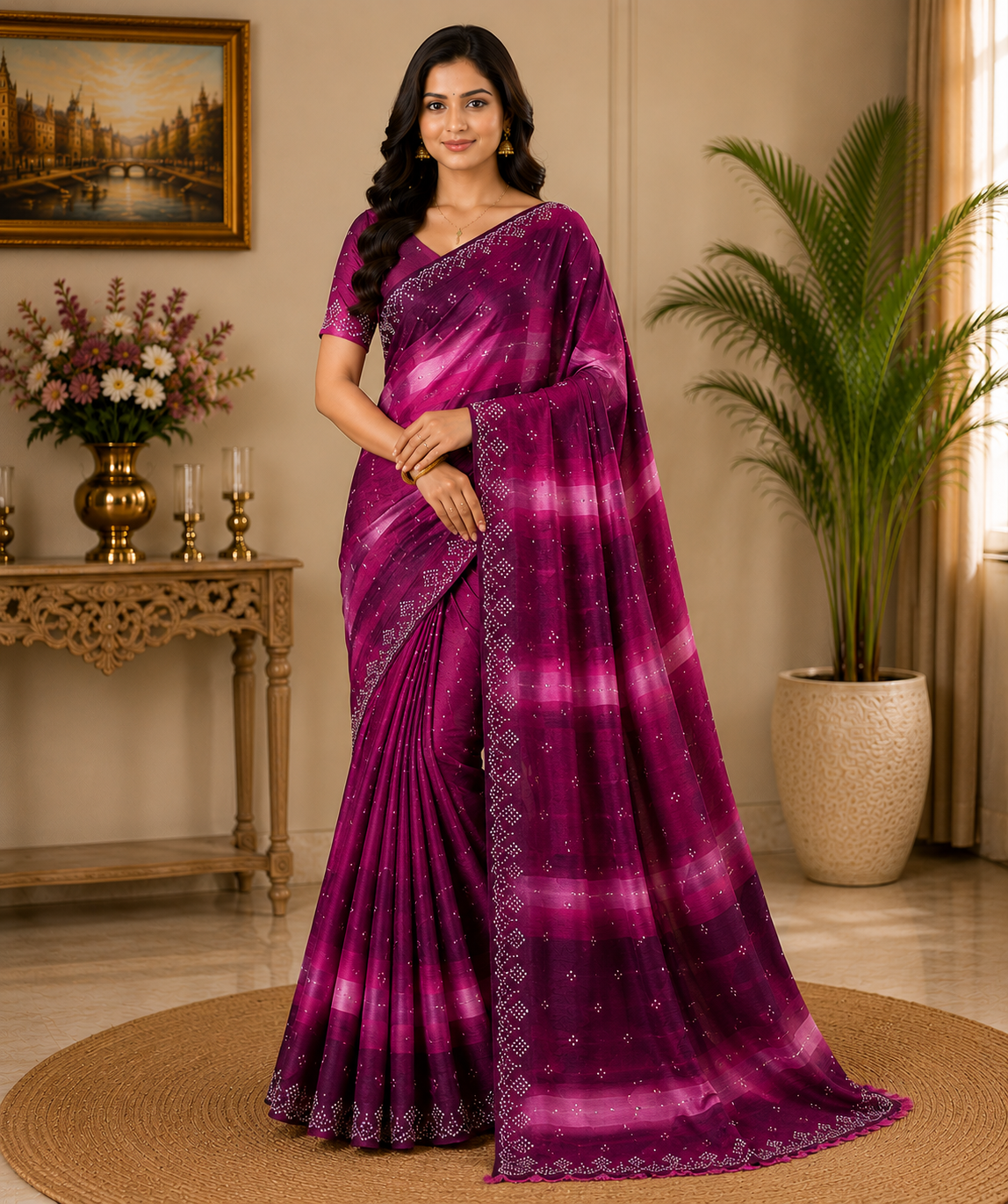 Designer Chiffon Saree with Tie Dye Pattern and Stone Work Border - Lightweight Party Wear Fancy Saree Collection (5 Colors Set) - M.R. Saree Emporium