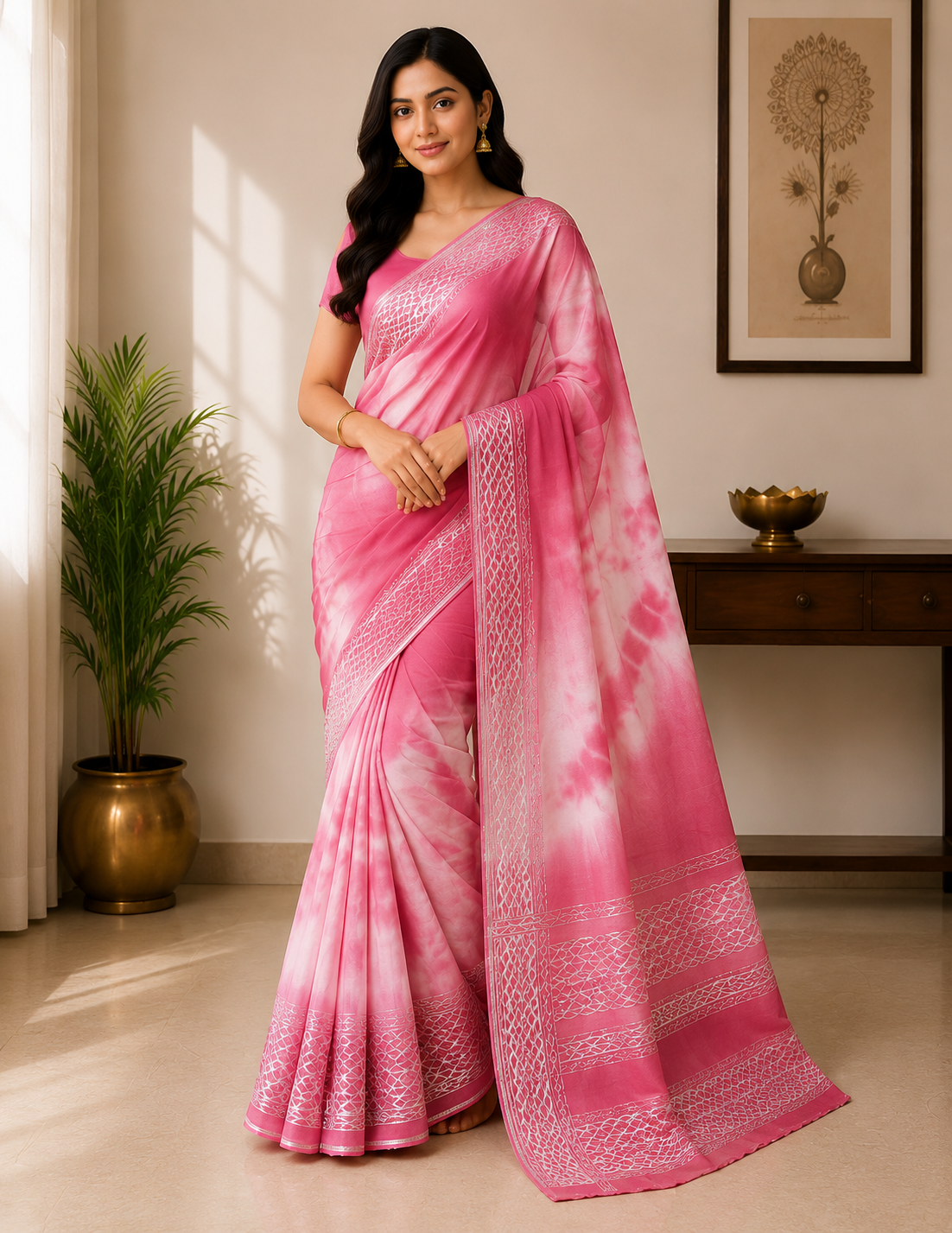 Designer Chiffon Saree with Tie Dye Pattern and Woven Border - Lightweight Daily Wear Fancy Saree Collection (5 Colors Set) - M.R. Saree Emporium