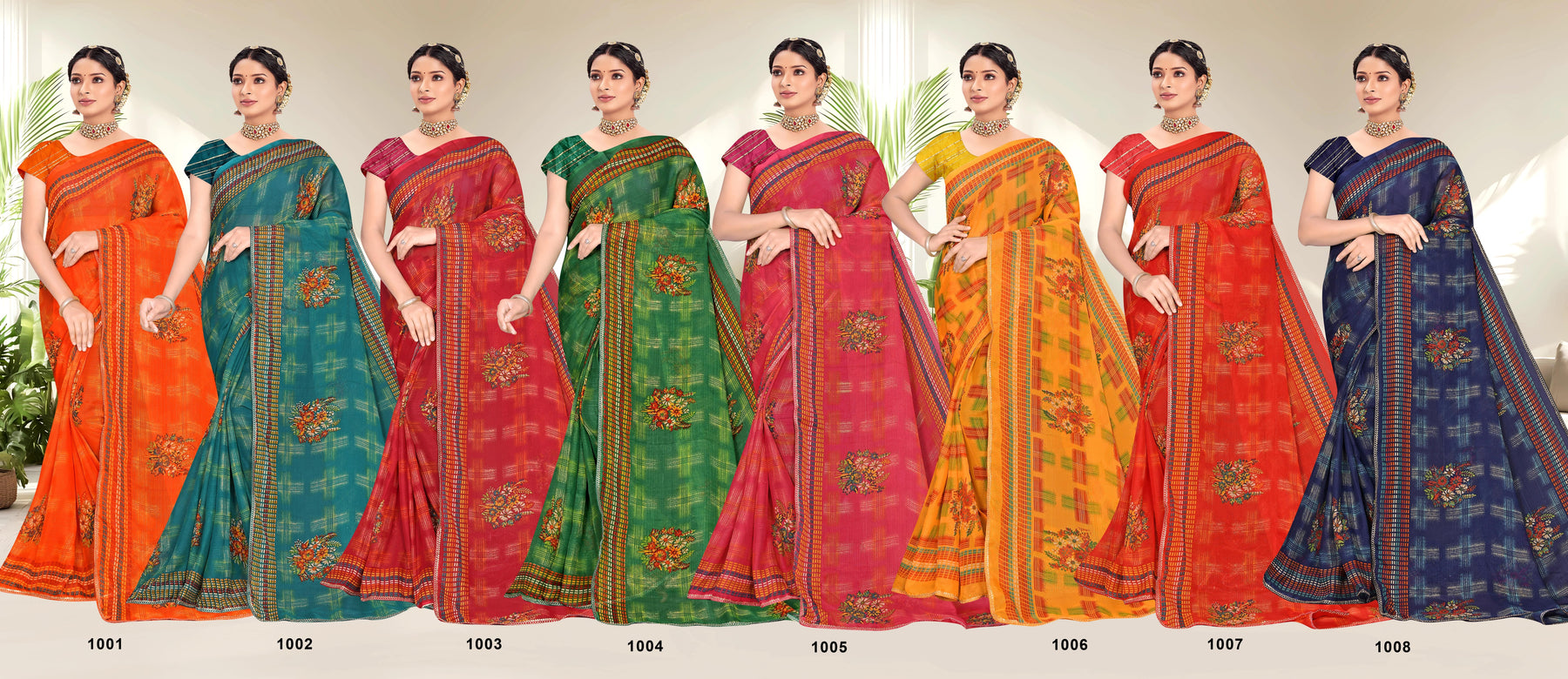 Jalebi Printed Saree – Colourful Traditional Floral & Check Design (8 Pcs Set)-M.R. Saree Emporium