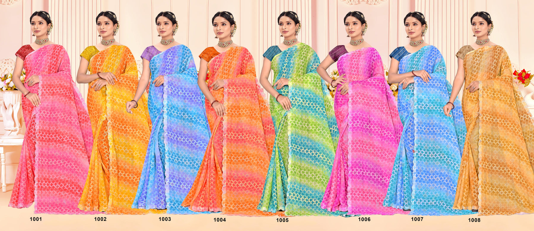 Ekstree Printed Poshak Saree Collection – Soft Traditional Party Wear Design (8 Pcs Set) -M.R. Saree Emporium