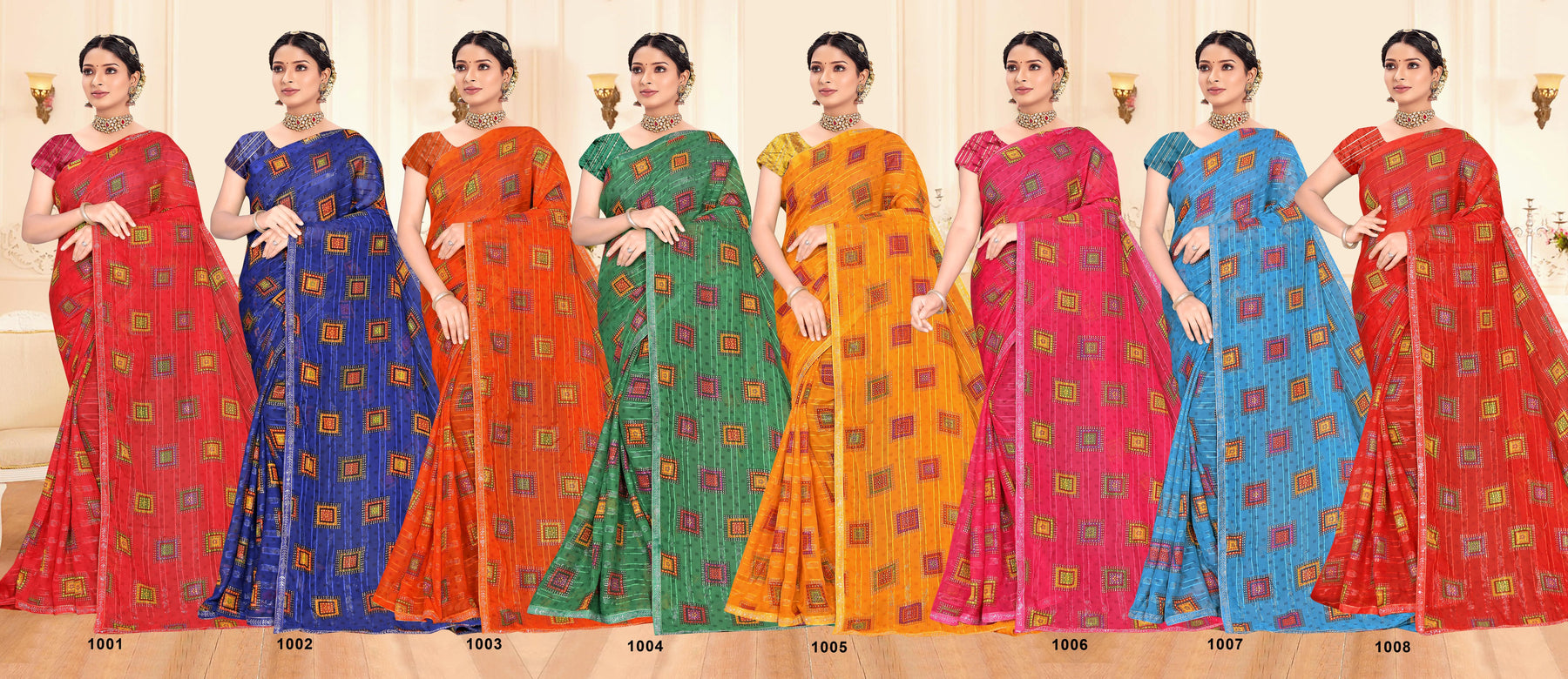 Ekstree Saroja Printed Traditional Saree Collection – Wedding & Festive Wear (8 Pcs Set) -M.R. Saree Emporium