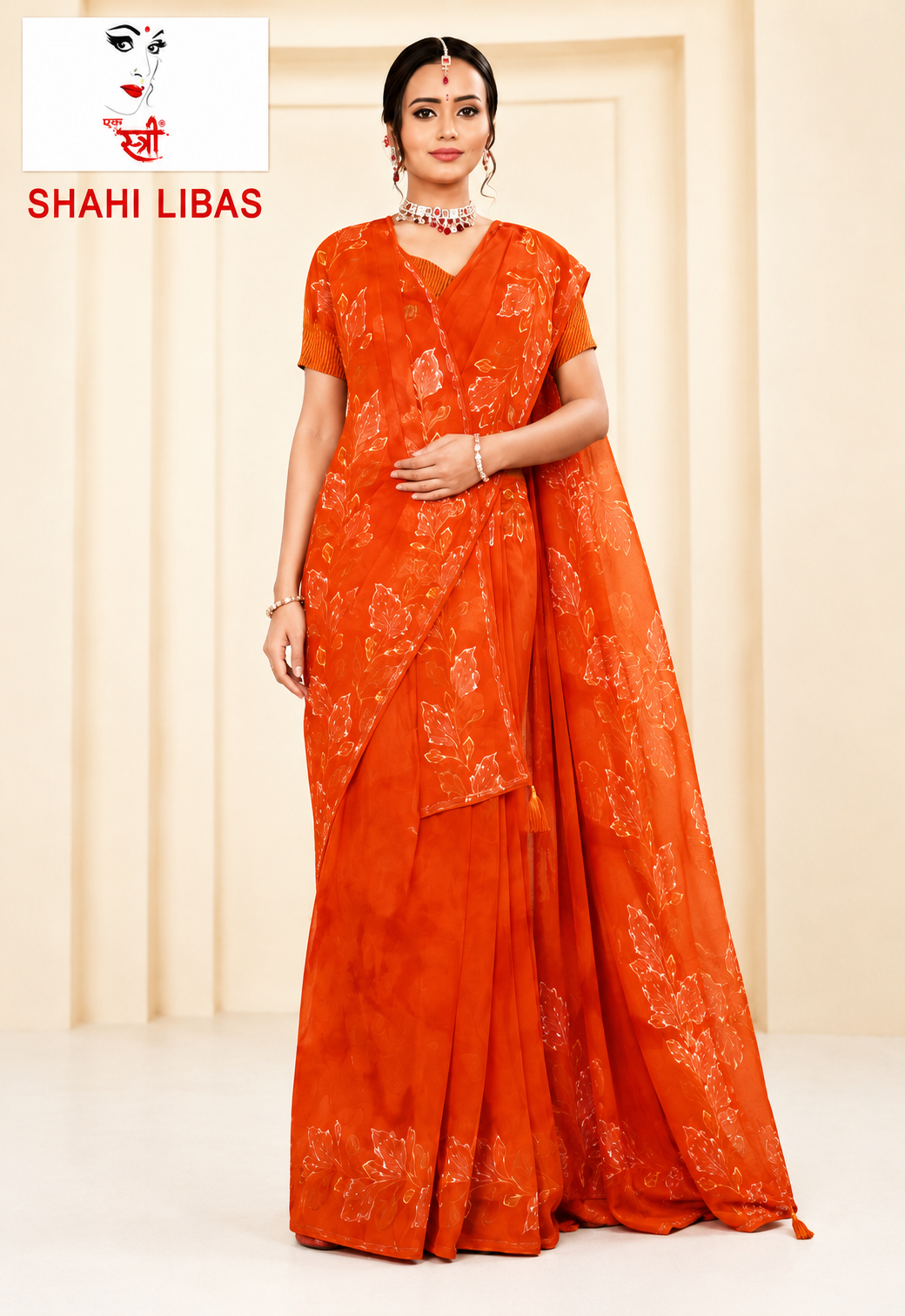 Shahi Libas Georgette Saree Collection - Designer Printed Soft Georgette Saree 8 Pcs Set - Party Wear & Daily Wear