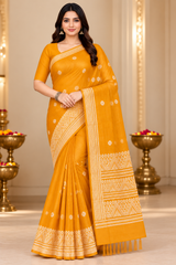 Cotton Mustard Yellow Traditional Woven Border Saree -16 Pcs Set.