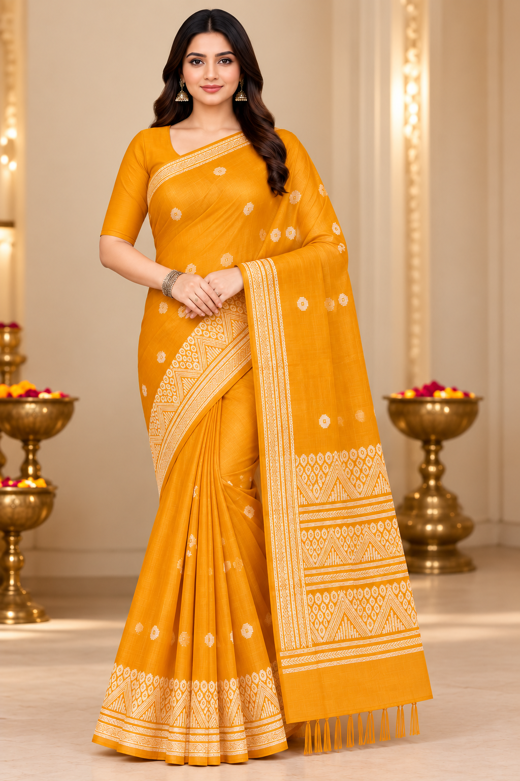 Cotton Mustard Yellow Traditional Woven Border Saree -16 Pcs Set.