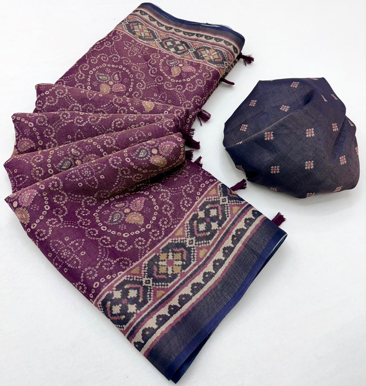 RajYog Erode Cotton Silk Saree with Designer Print & Tassels - 6 Pcs Set