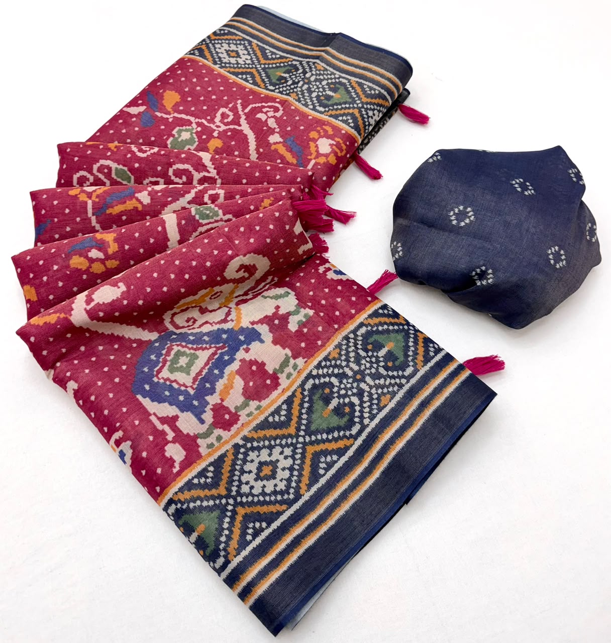 RajYog Erode Cotton Silk Saree with Designer Print & Tassels - 6 Pcs Set