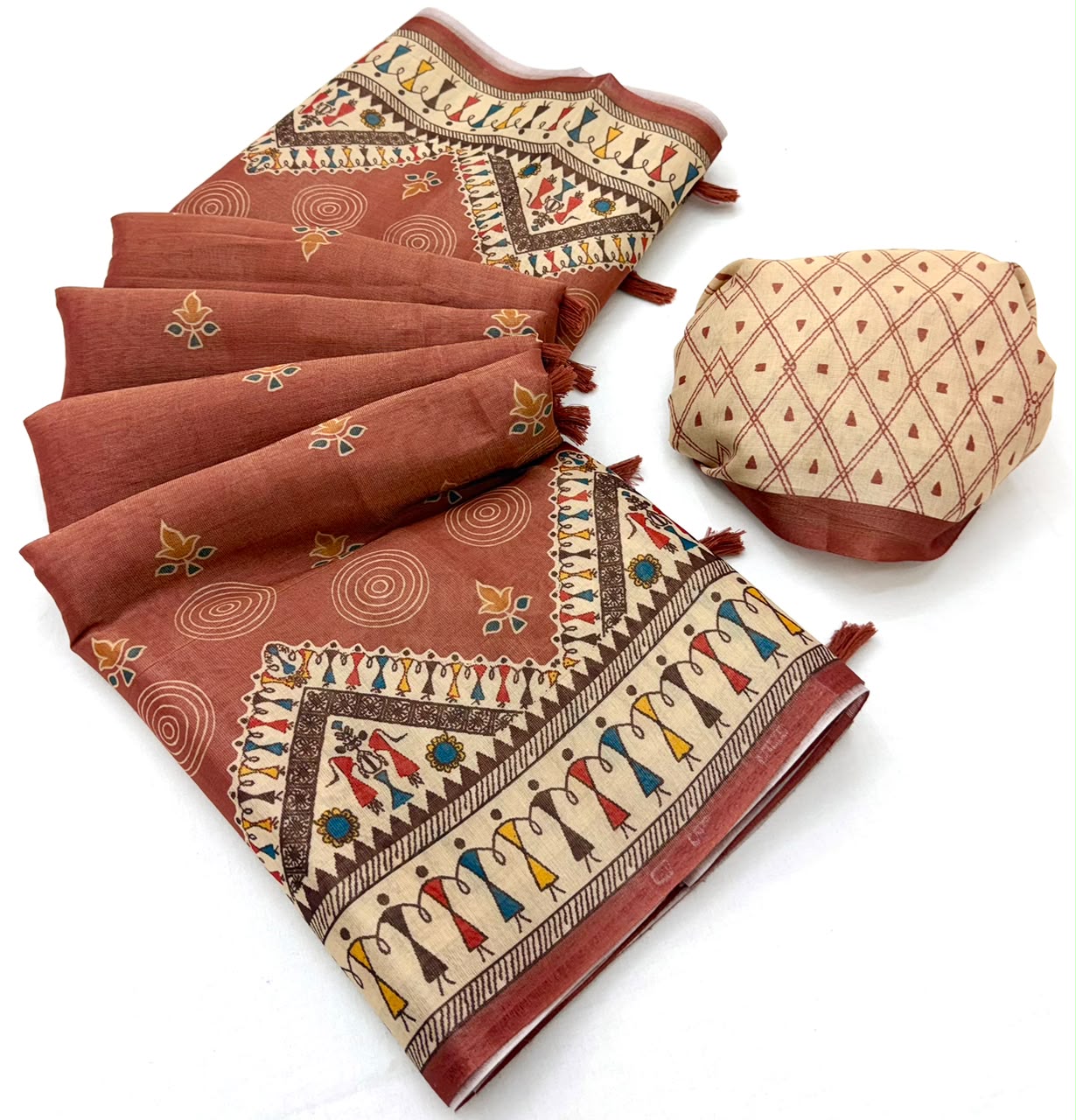 RajYog Erode Cotton Silk Saree with Designer Print & Tassels - 6 Pcs Set