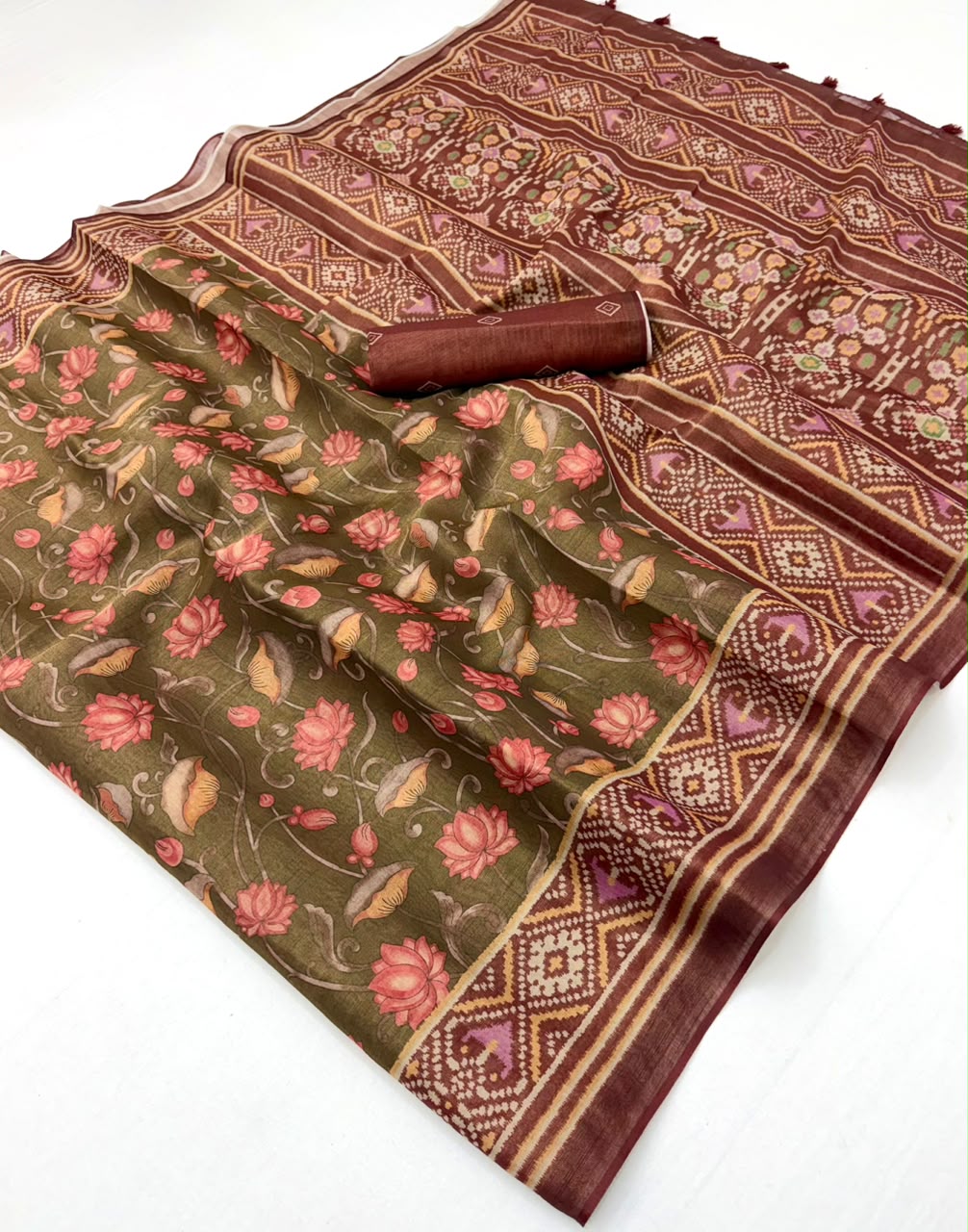 RajYog Erode Cotton Silk Saree with Designer Print & Tassels - 6 Pcs Set