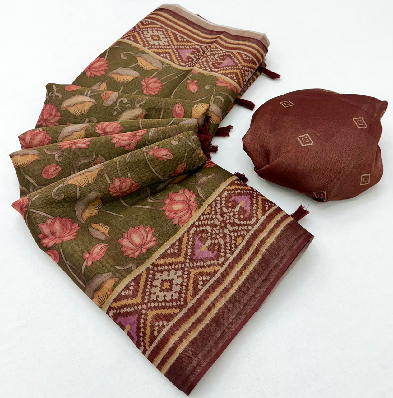 RajYog Erode Cotton Silk Saree with Designer Print & Tassels - 6 Pcs Set
