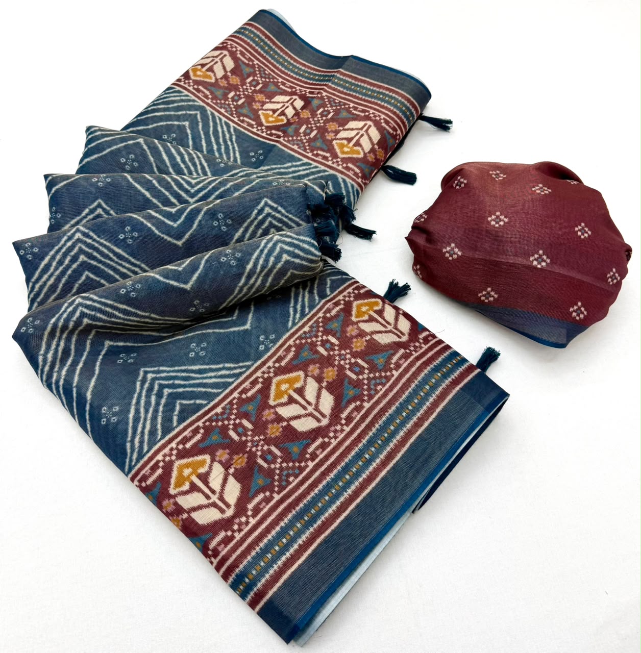 RajYog Erode Cotton Silk Saree with Designer Print & Tassels - 6 Pcs Set