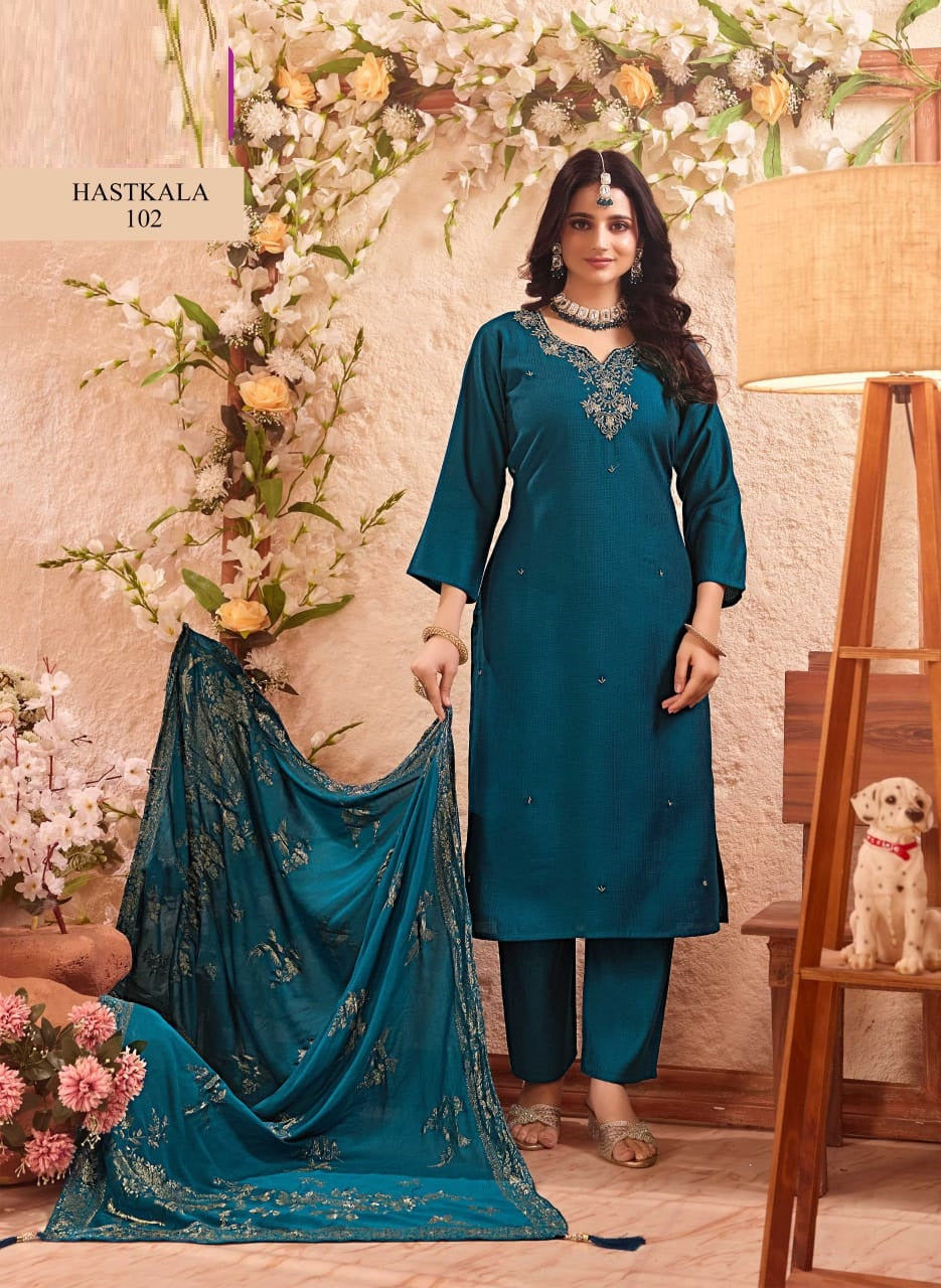 HASTKALA – Kurti, Pant & Banarasi Dupatta Set – 8 Designs – M.R. Saree Emporium