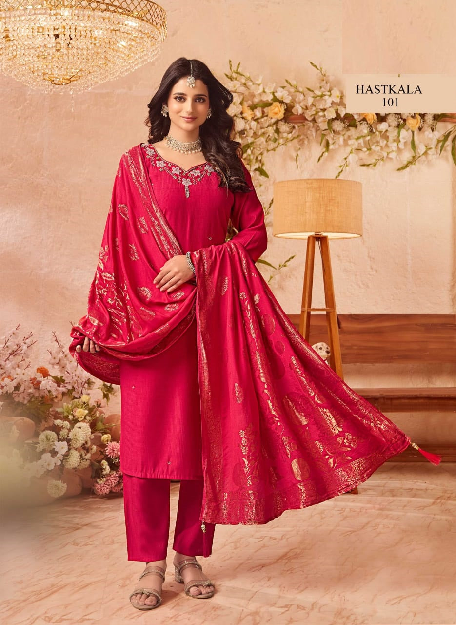 HASTKALA – Kurti, Pant & Banarasi Dupatta Set – 8 Designs – M.R. Saree Emporium