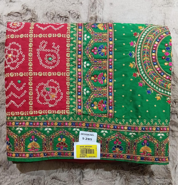 Red & Green Gazi Silk Embroidered Saree – M.R. Saree Emporium