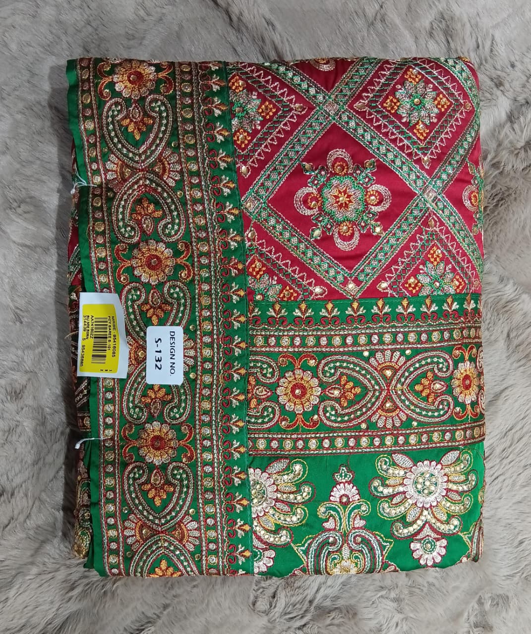 Red & Green Gazi Silk Embroidered Saree – M.R. Saree Emporium