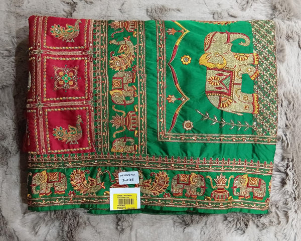 Red & Green Gazi Silk Embroidered Saree – M.R. Saree Emporium