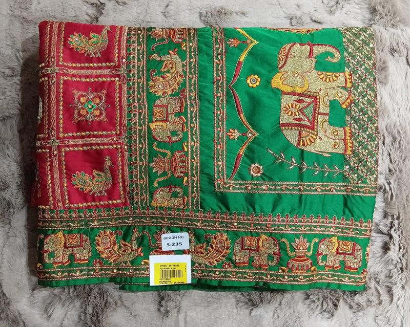 Red & Green Gazi Silk Embroidered Saree – M.R. Saree Emporium