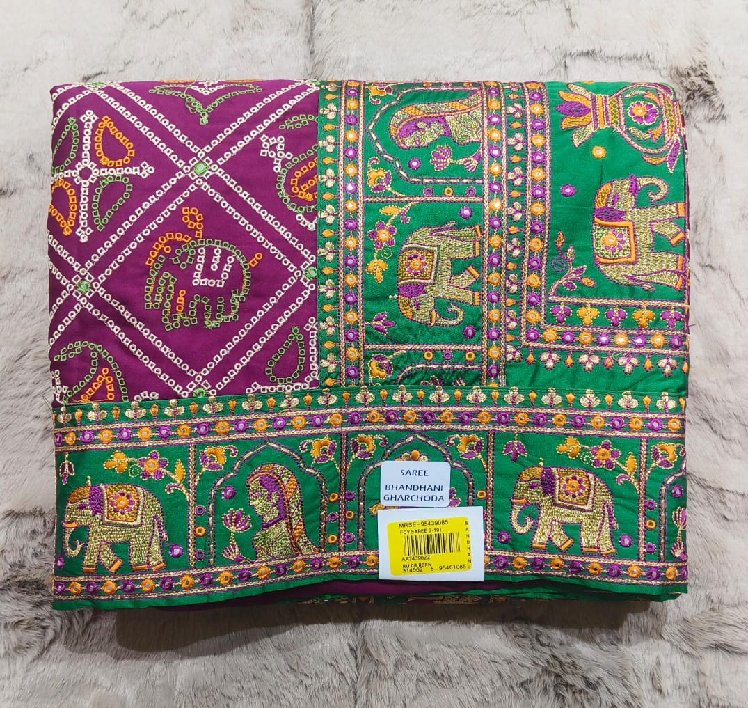 Purple & Green Gazi Silk Embroidered Saree – M.R. Saree Emporium