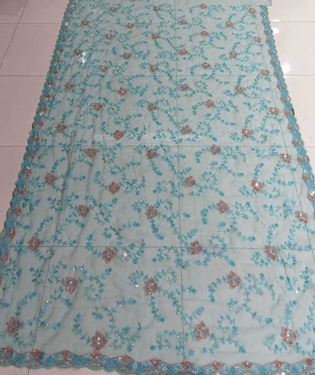 Embroidered Chiffon Saree – 4 Pcs Set with Floral Work & Scallop Lace Border M.R. Saree Emporium