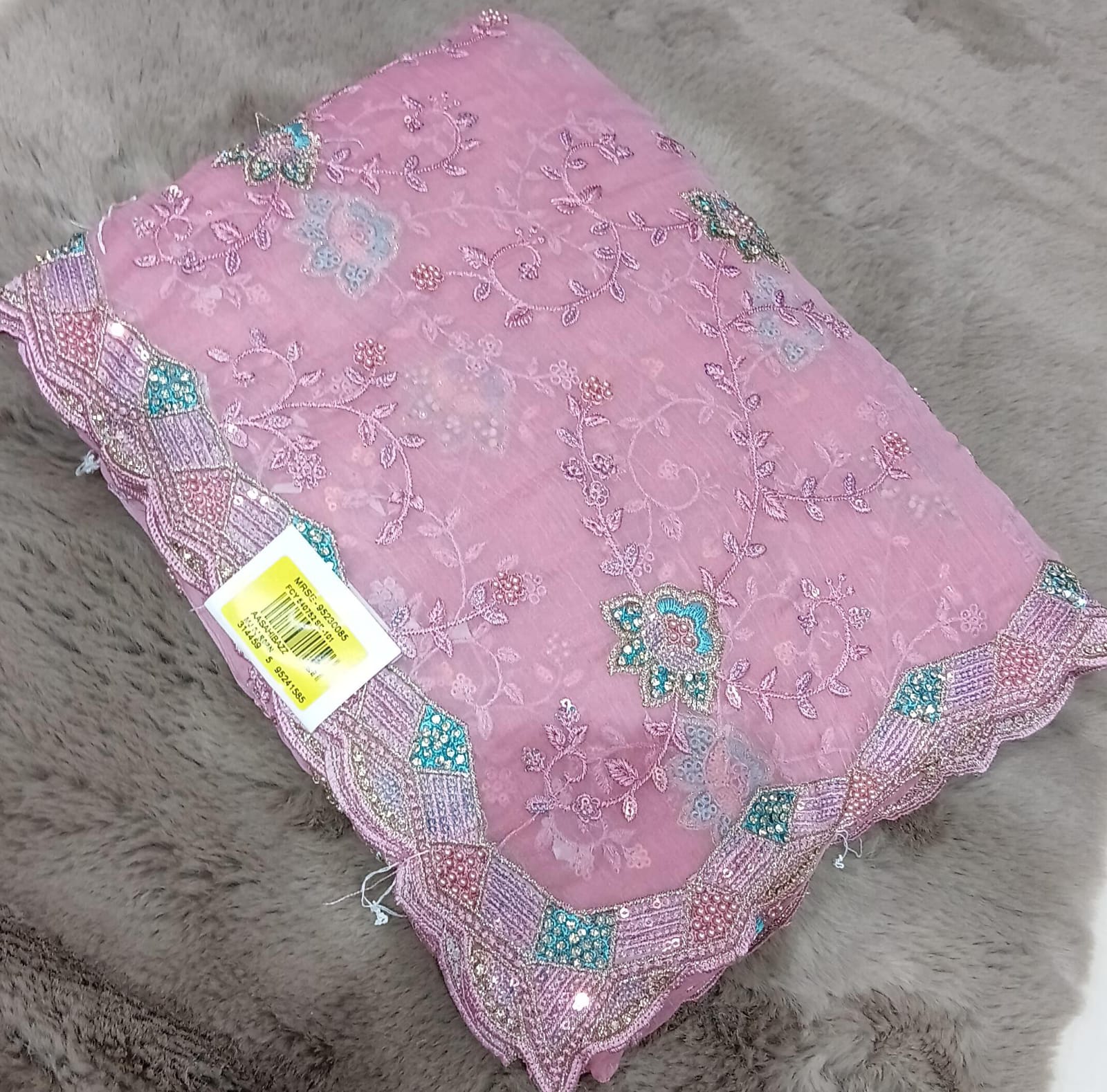 Embroidered Chiffon Saree – 4 Pcs Set with Floral Work & Scallop Lace Border M.R. Saree Emporium