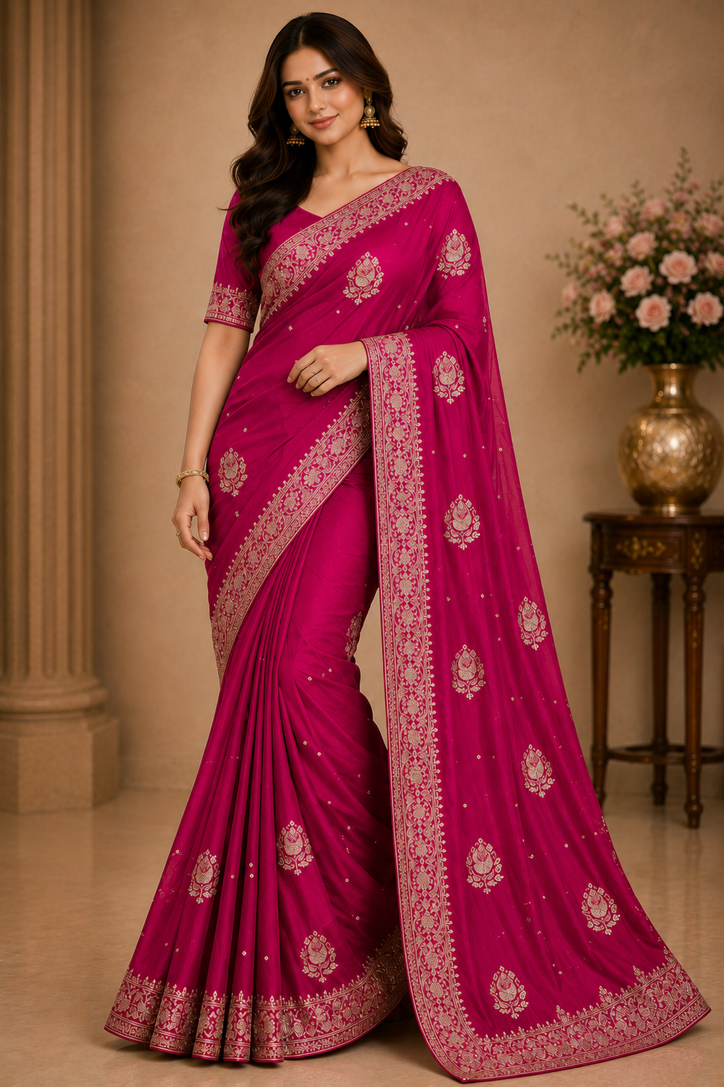 Gold Satar Fabric Designer Saree 5 Pcs Set With Zari Peacock Booti & Rich Zari Border-M.R. Saree Emporium