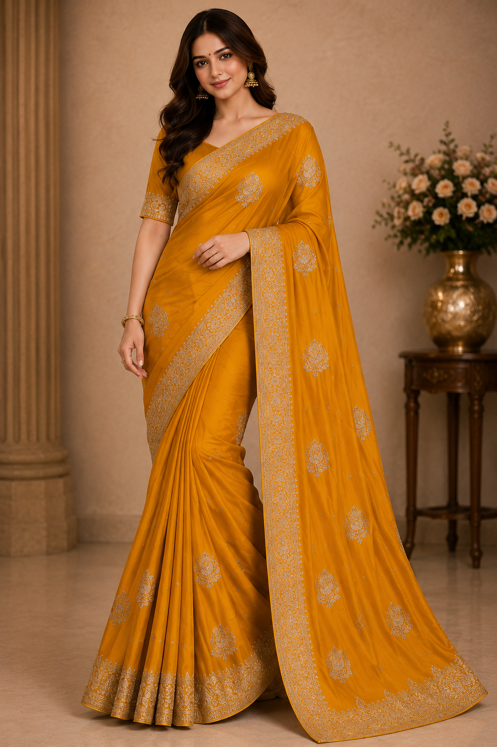 Gold Satar Fabric Designer Saree 5 Pcs Set With Zari Peacock Booti & Rich Zari Border-M.R. Saree Emporium