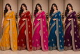 Gold Satar Fabric Designer Saree 5 Pcs Set With Zari Peacock Booti & Rich Zari Border-M.R. Saree Emporium
