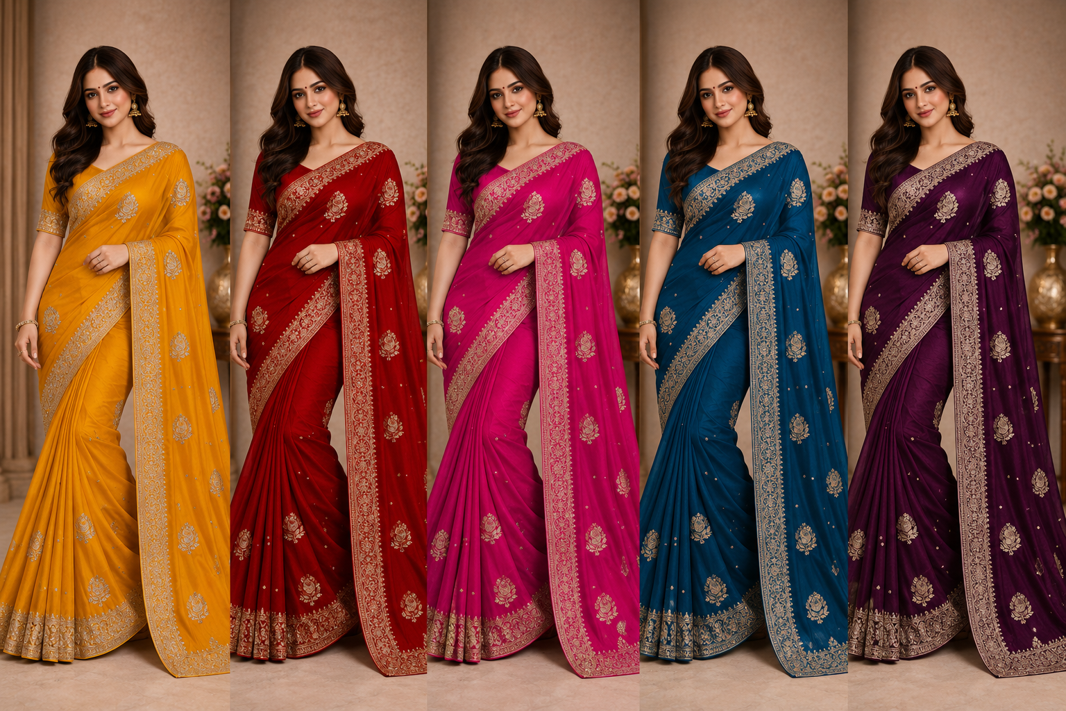Gold Satar Fabric Designer Saree 5 Pcs Set With Zari Peacock Booti & Rich Zari Border-M.R. Saree Emporium