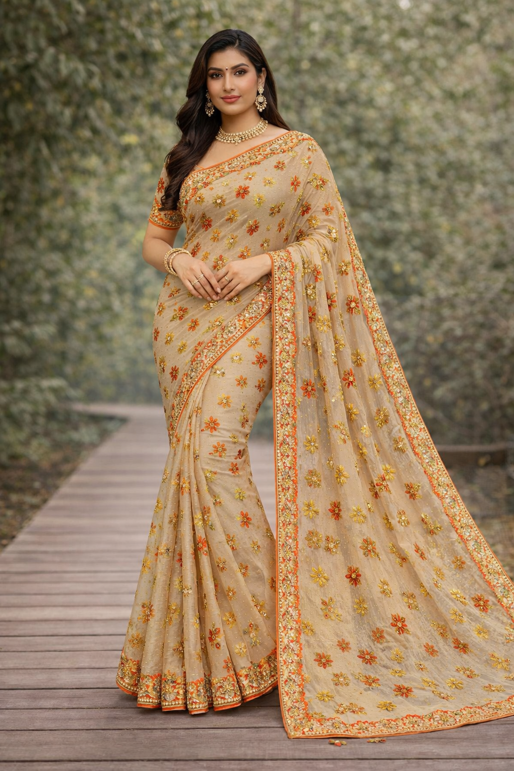 Fancy Brasso Saree with Floral Zari Work & Designer Border – 4 Pcs Set -Party & Festive Wear-M.R. Saree Emporium