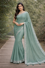 Fancy Fendy Satin Saree with Designer Border – 6 Pcs Set Premium Party Wear M.R. Saree Emporium