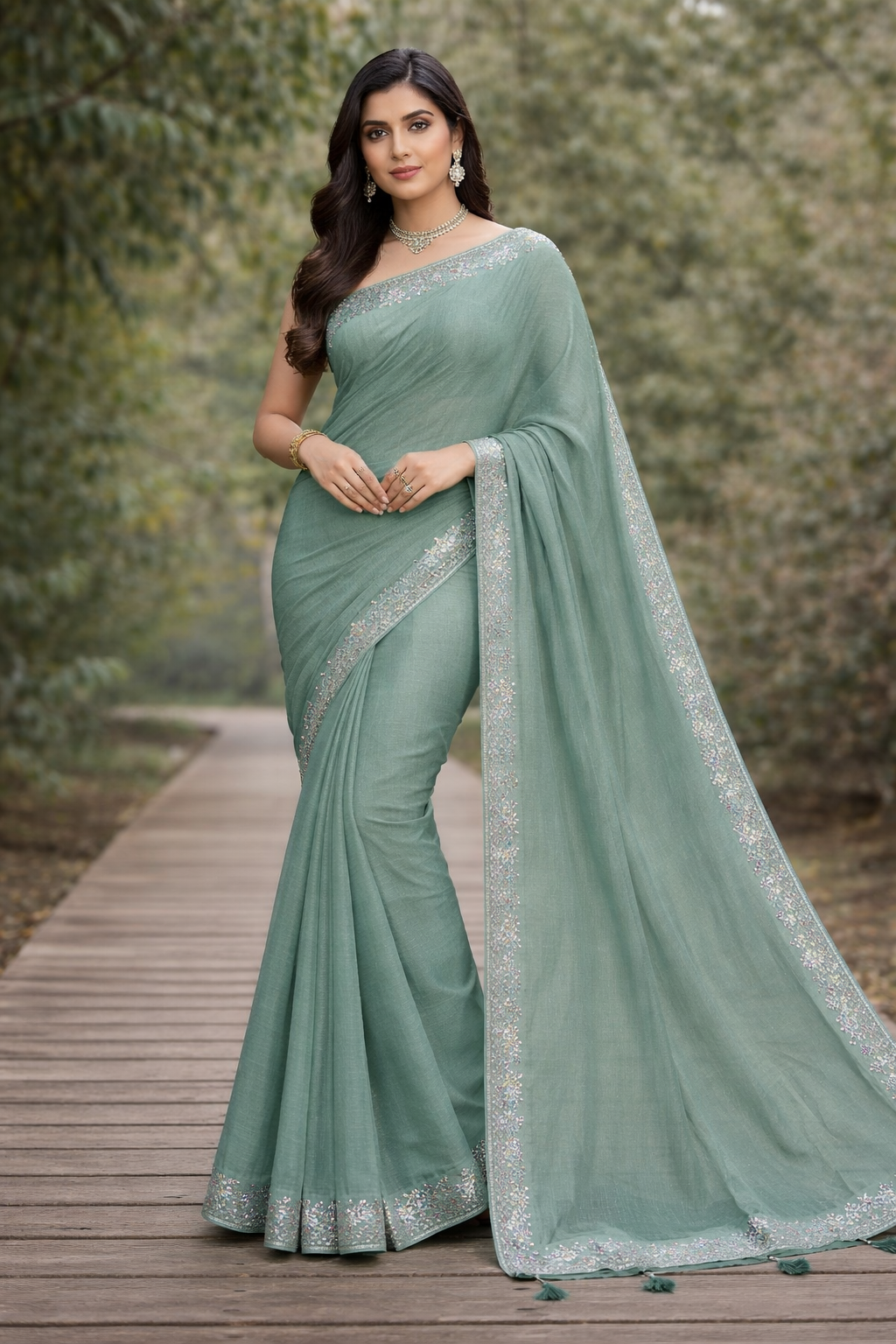 Fancy Fendy Satin Saree with Designer Border – 6 Pcs Set Premium Party Wear M.R. Saree Emporium