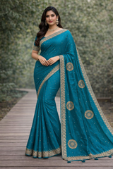 Fancy Fendy Satin Saree with Golden Border & Motif Work – 2 Pcs Set -Party Wear-M.R. Saree Emporium