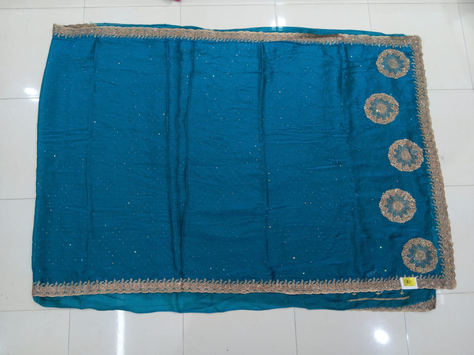 Fancy Fendy Satin Saree with Golden Border & Motif Work – 2 Pcs Set -Party Wear-M.R. Saree Emporium