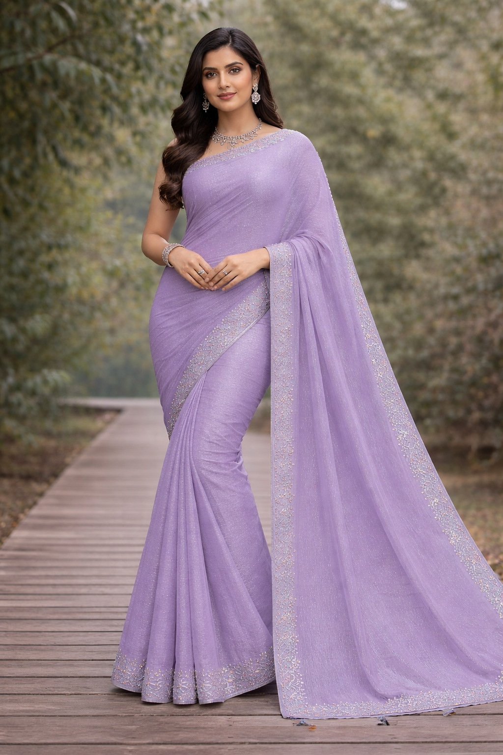 Fancy Jimmy Choo Fabric Saree with Designer Border – 5 Pcs Set -Premium Party Wear -M.R. Saree Emporium