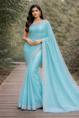 Fancy Jimmy Choo Fabric Saree with Designer Border – 5 Pcs Set -Premium Party Wear -M.R. Saree Emporium