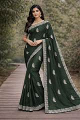 Fancy Moss Crepe Saree with Silver Leaf Butti & Designer Border 7 Pcs Set -Party & Festive Wear -M.R. Saree Emporium