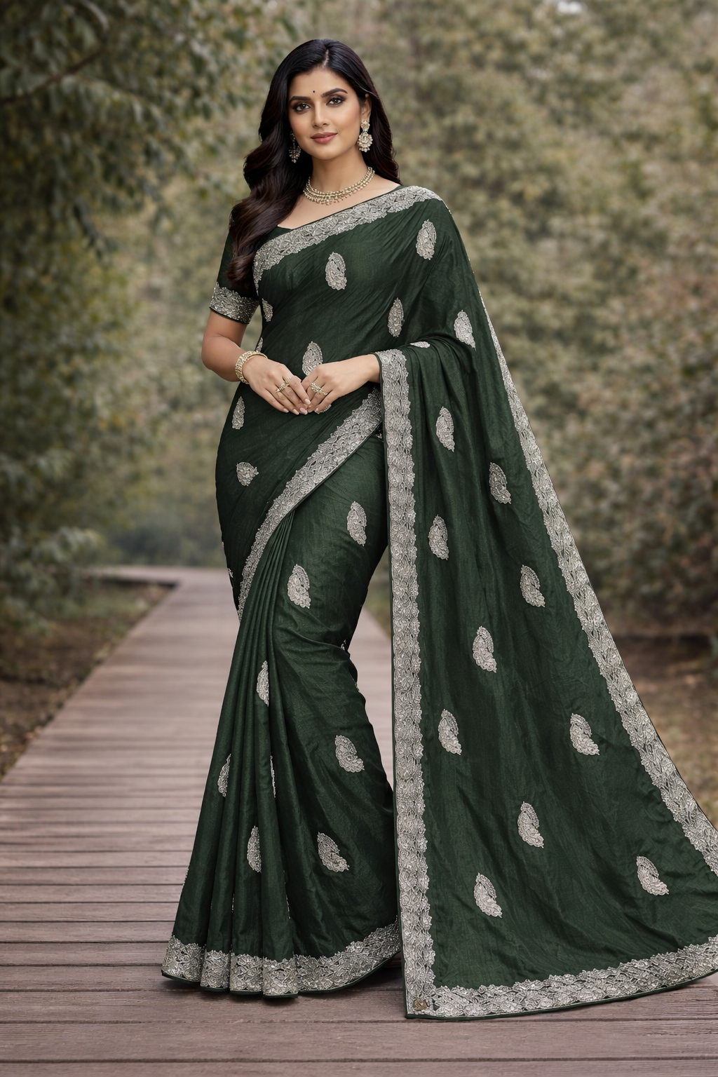 Fancy Moss Crepe Saree with Silver Leaf Butti & Designer Border 7 Pcs Set -Party & Festive Wear -M.R. Saree Emporium