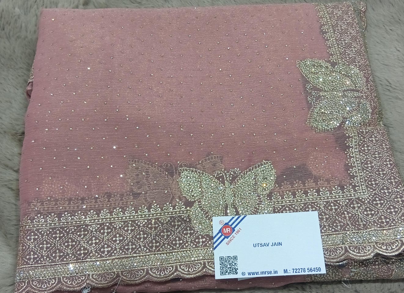 Fancy Shimmer Chiffon Saree with Golden Butterfly Border M.R. Saree Emporium