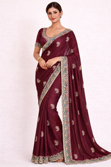 Fancy Satin Chiffon Saree with Heavy Designer Border & Butti Work – 4 Pcs Set -Party & Festive Wear-M.R. Saree Emporium