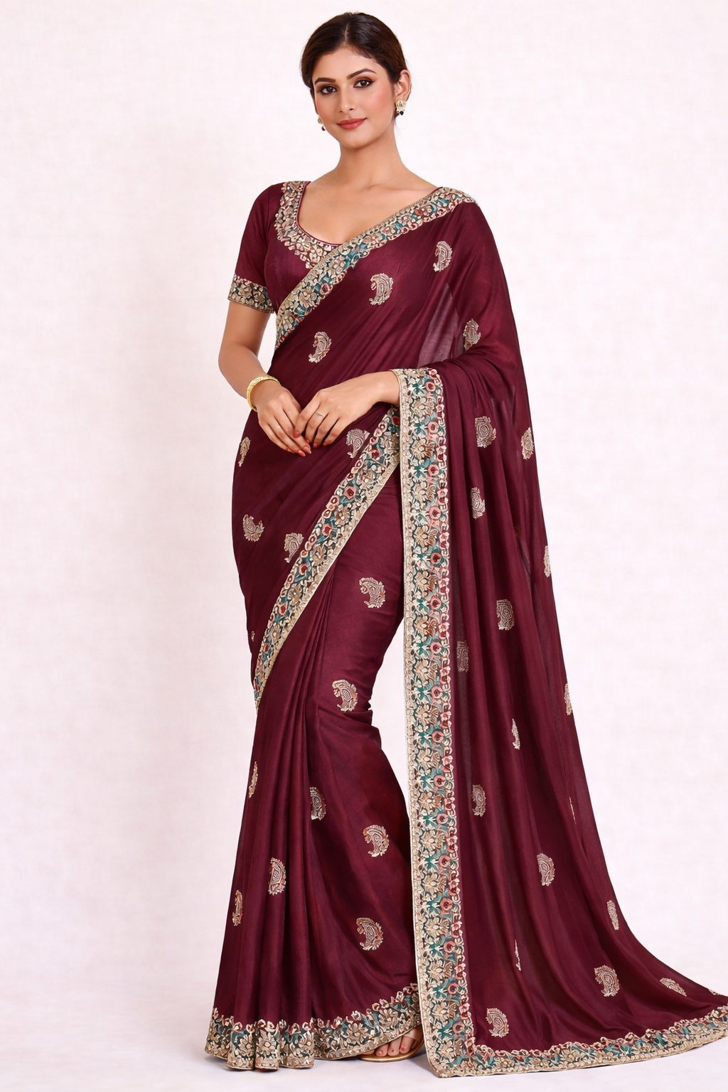 Fancy Satin Chiffon Saree with Heavy Designer Border & Butti Work – 4 Pcs Set -Party & Festive Wear-M.R. Saree Emporium