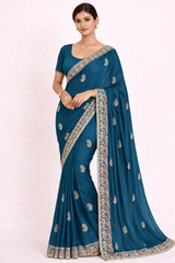 Fancy Satin Chiffon Saree with Heavy Designer Border & Butti Work – 4 Pcs Set -Party & Festive Wear-M.R. Saree Emporium