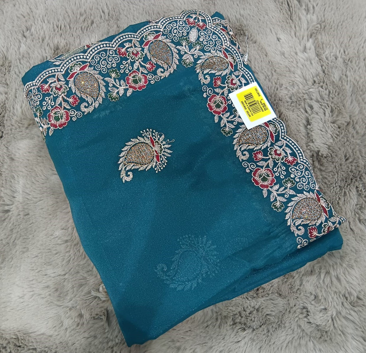 Fancy Satin Chiffon Saree with Heavy Designer Border & Butti Work – 4 Pcs Set -Party & Festive Wear-M.R. Saree Emporium