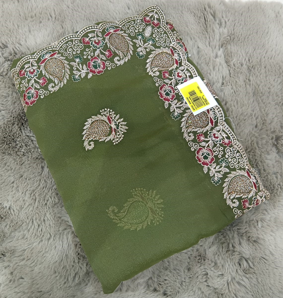 Fancy Satin Chiffon Saree with Heavy Designer Border & Butti Work – 4 Pcs Set -Party & Festive Wear-M.R. Saree Emporium