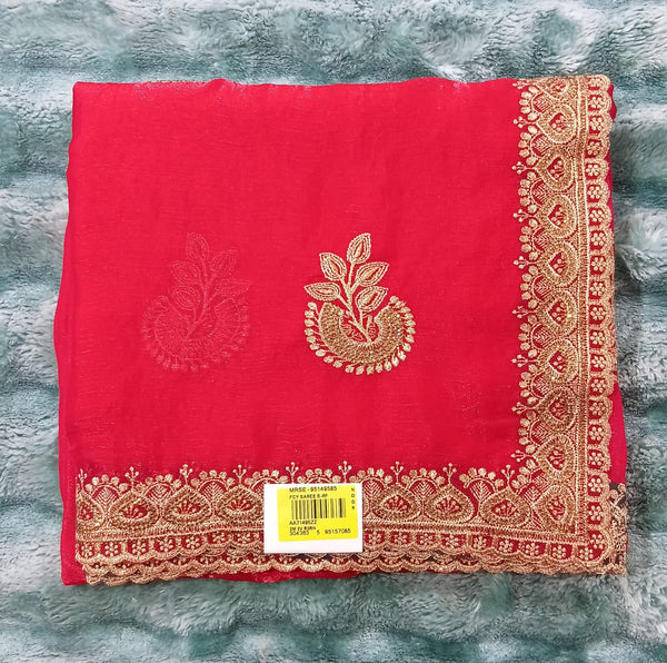 Elegant Red Chiffon Saree with Golden Embroidery Border – M.R. Saree Emporium