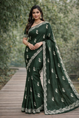 Fancy Work Moss Crepe Saree with Silver Border – 6 Pcs Set Party & Festive Wear -M.R. Saree Emporium