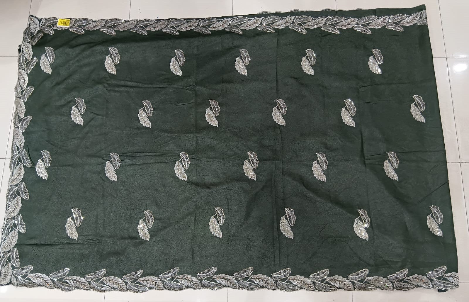 Fancy Work Moss Crepe Saree with Silver Border – 6 Pcs Set Party & Festive Wear -M.R. Saree Emporium