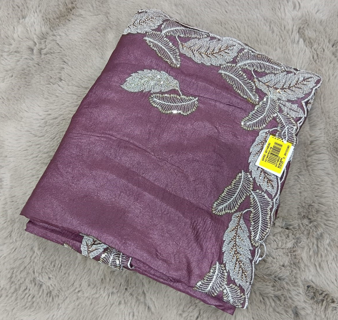 Fancy Work Moss Crepe Saree with Silver Border – 6 Pcs Set Party & Festive Wear -M.R. Saree Emporium