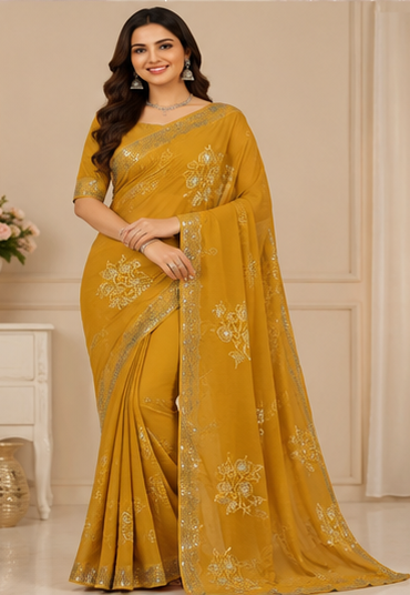 Embroidered Chiffon Saree Set with Floral Design & Border (5 Colors) Lightweight Daily Wear - M.R. Saree Emporium