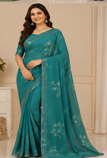 Embroidered Chiffon Saree Set with Floral Design & Border (5 Colors) Lightweight Daily Wear - M.R. Saree Emporium