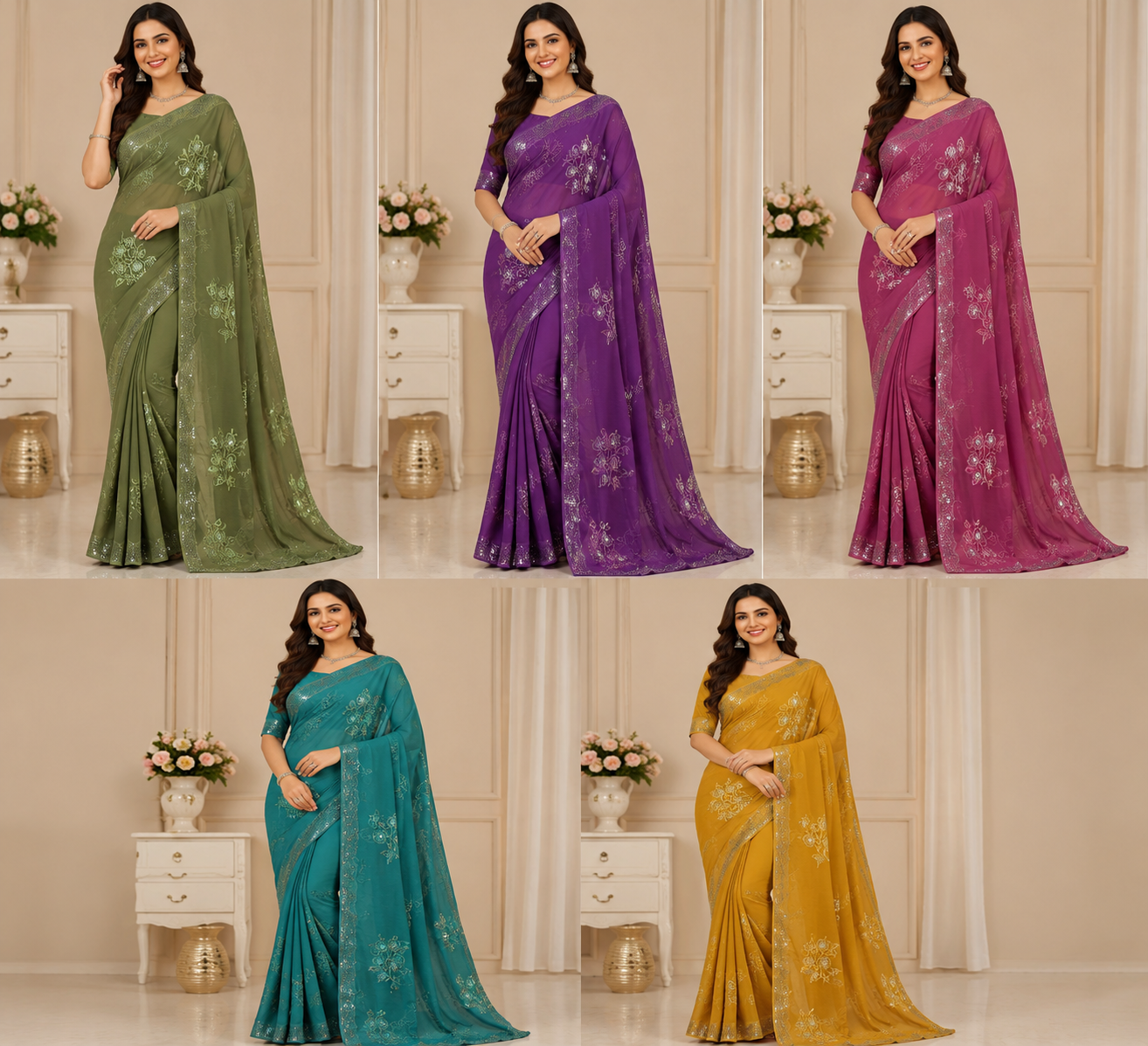 Embroidered Chiffon Saree Set with Floral Design & Border (5 Colors) Lightweight Daily Wear - M.R. Saree Emporium