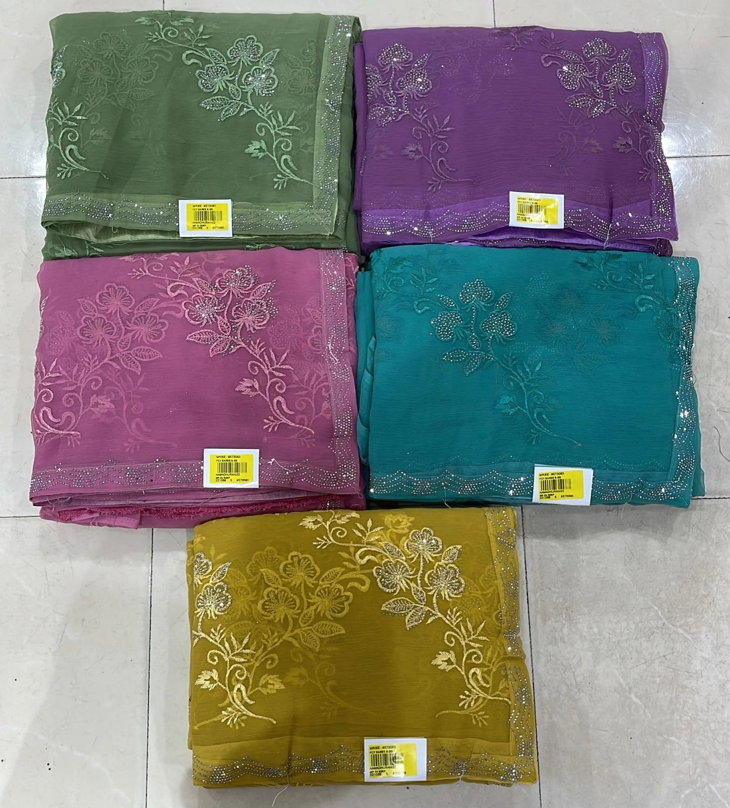 Embroidered Chiffon Saree Set with Floral Design & Border (5 Colors) Lightweight Daily Wear - M.R. Saree Emporium